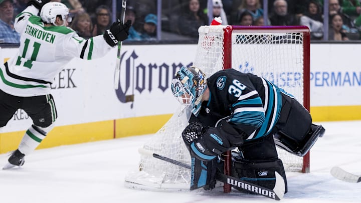 Mar 5, 2024; San Jose, California, USA; Dallas Stars center Logan Stankoven (11) reacts after