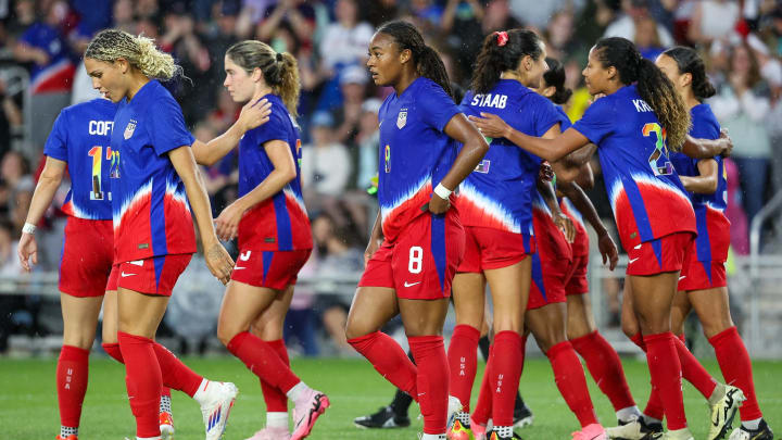 Jun 4, 2024; St. Paul, Minnesota, USA; US Women’s National Team forward Sophia Smith (11) celebrates her goal with teammates during the second half against the Korea Republic team at Allianz Field. Mandatory Credit: Matt Krohn-USA TODAY Sports