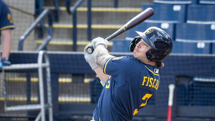 Milwaukee Brewers infield prospect Andrew Fischer hits during spring training workouts Tuesday, February 17, 2026, at American Family Fields of Phoenix in Phoenix, Arizona.