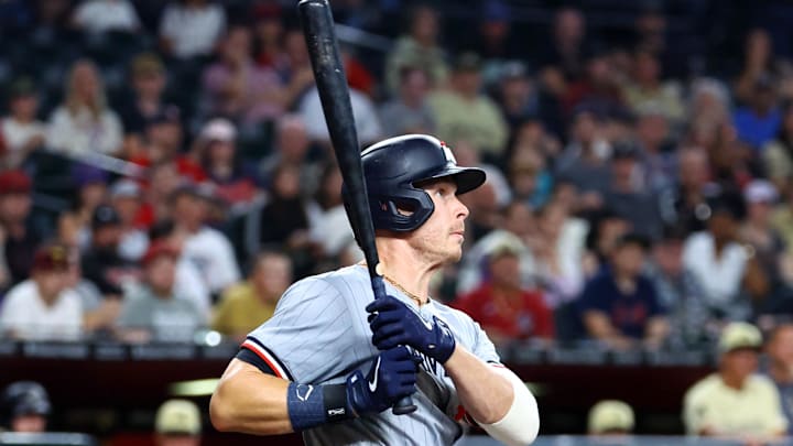 Jun 25, 2024; Phoenix, Arizona, USA; Minnesota Twins outfielder Max Kepler against the Arizona Diamondbacks at Chase Field. Mandatory Credit: Mark J. Rebilas-Imagn Images
