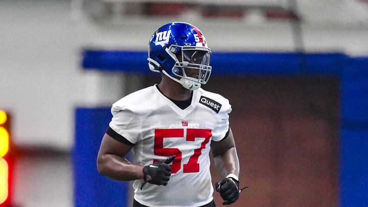 Jun 17, 2025; East Rutherford, NJ, USA; New York Giants defensive end Chauncey Golston (57) participates in a drill during minicamp at Quest Diagnostics Training Center. Mandatory Credit: John Jones-Imagn Images