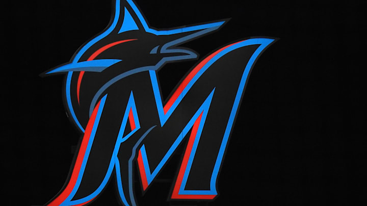 May 5, 2021; Miami, Florida, USA; A general view of the Miami Marlins illuminated logo at loanDepot park during the game between the Miami Marlins and the Arizona Diamondbacks. Mandatory Credit: Jasen Vinlove-Imagn Images