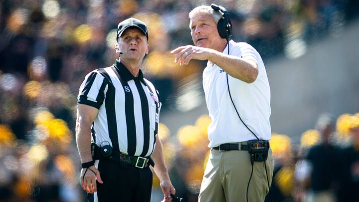 Iowa head coach Kirk Ferentz, right, talks with an official during a NCAA Big Ten Conference college football game against Michigan, Saturday, Oct. 1, 2022, at Kinnick Stadium in Iowa City, Iowa.

221001 Mich Iowa Fb 026 Jpg