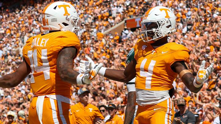 Sep 20, 2025; Knoxville, Tennessee, USA; Tennessee Volunteers wide receiver Braylon Staley (14) and wide receiver Mike Matthews (4) celebrate after MatthewÕs touchdown against the UAB Blazers during the first quarter at Neyland Stadium. Mandatory Credit: Randy Sartin-Imagn Images Sep 20, 2025; Knoxville, Tennessee, USA; Tennessee Volunteers wide receiver Braylon Staley (14) and wide receiver Mike Matthews (4) celebrate after MatthewÕs touchdown against the UAB Blazers during the first quarter at Neyland Stadium. Mandatory Credit: Randy Sartin-Imagn Images