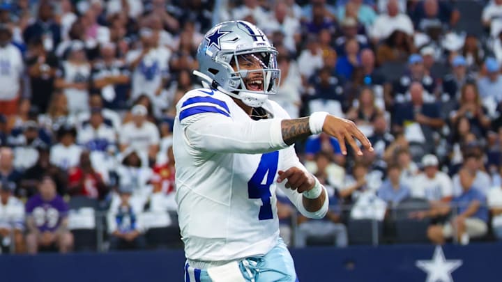 Sep 22, 2024; Arlington, Texas, USA; Dallas Cowboys quarterback Dak Prescott (4) past Baltimore Ravens linebacker Odafe Oweh (99) during the first quarter at AT&T Stadium. Mandatory Credit: Kevin Jairaj-Imagn Images Sep 22, 2024; Arlington, Texas, USA; Dallas Cowboys quarterback Dak Prescott (4) past Baltimore Ravens linebacker Odafe Oweh (99) during the first quarter at AT&T Stadium. Mandatory Credit: Kevin Jairaj-Imagn Images