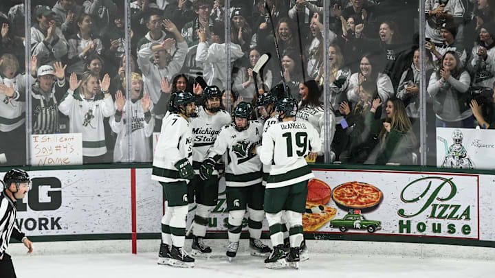 Hockey fans and MSU hockey players celebrate Matt Basgall's goal against Notre Dame, Saturday, Nov. 15, 2024, at Munn Ice Arena. MSU won 4-3 to sweep the series.