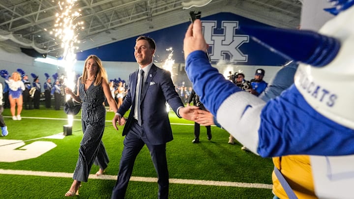 New Kentucky Wildcat head coach Will Stein arrives with wife, Darby has he is introduced at Kentucky on Wednesday, December 3, 2025