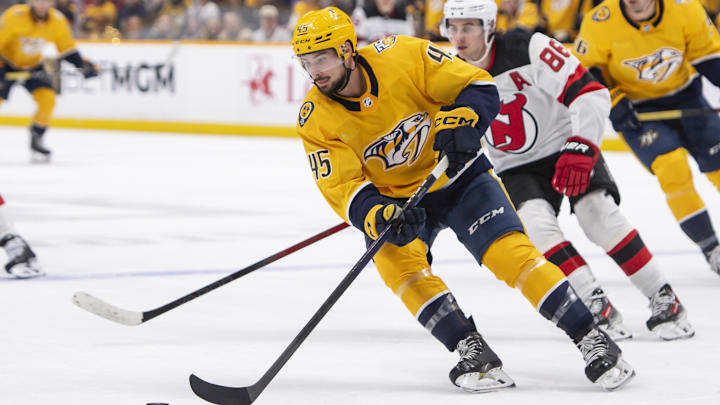 Feb 13, 2024; Nashville, Tennessee, USA;  Nashville Predators defenseman Alexandre Carrier (45)