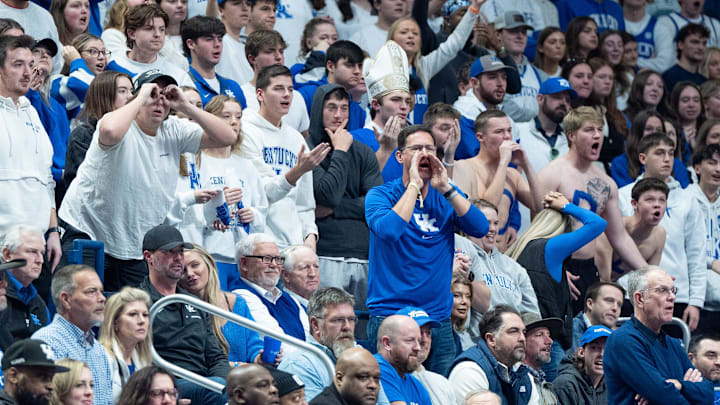 Kentucky Wildcats fans react to a play during the game against the Louisville Cardinals on Saturday, Dec. 14, 2024 at Rupp Arena in Lexington, Ky.