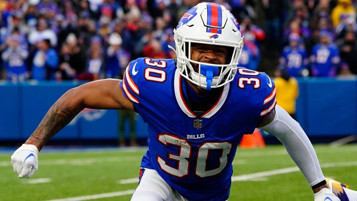 Nov 13, 2022; Orchard Park, New York, USA; Buffalo Bills cornerback Dane Jackson (30) reacts to making a tackle for a loss against the Minnesota Vikings during second half at Highmark Stadium. 