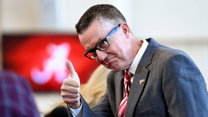 Jan 13, 2024; Tuscaloosa, AL, USA; The University of Alabama introduced new head football coach Kalen DeBoer with a press conference at Bryant-Denny Stadium. Athletics Director Greg Byrne gives a thumbs up during the press conference. Jan 13, 2024; Tuscaloosa, AL, USA; The University of Alabama introduced new head football coach Kalen DeBoer with a press conference at Bryant-Denny Stadium. Athletics Director Greg Byrne gives a thumbs up during the press conference.