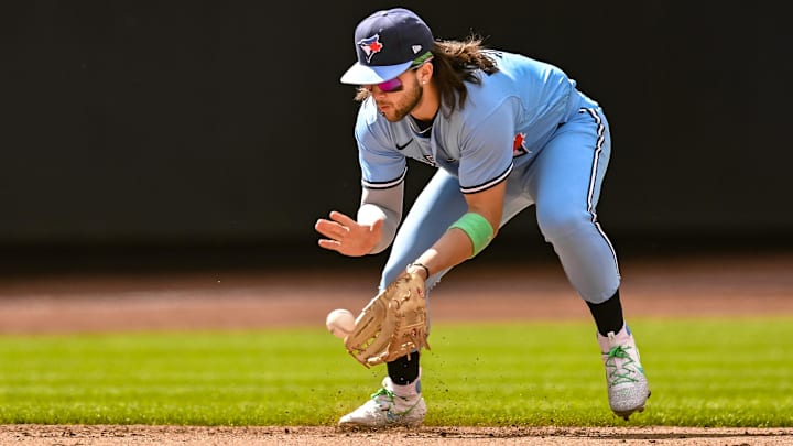 Jun 4, 2023; New York City, New York, USA; Toronto Blue Jays shortstop Bo Bichette (11) fields a