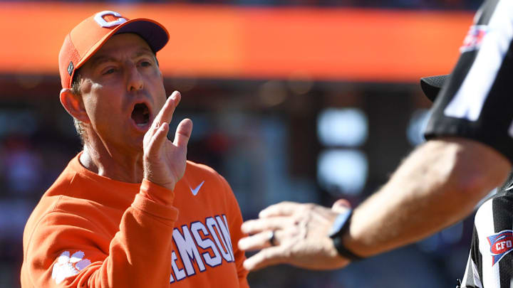 Clemson Tigers head coach Dabo Swinney talks to an official Saturday, Nov. 1, 2025, during the NCAA football game against the Duke Blue Devils at Memorial Stadium in Clemson, South Carolina. Clemson Tigers head coach Dabo Swinney talks to an official Saturday, Nov. 1, 2025, during the NCAA football game against the Duke Blue Devils at Memorial Stadium in Clemson, South Carolina.