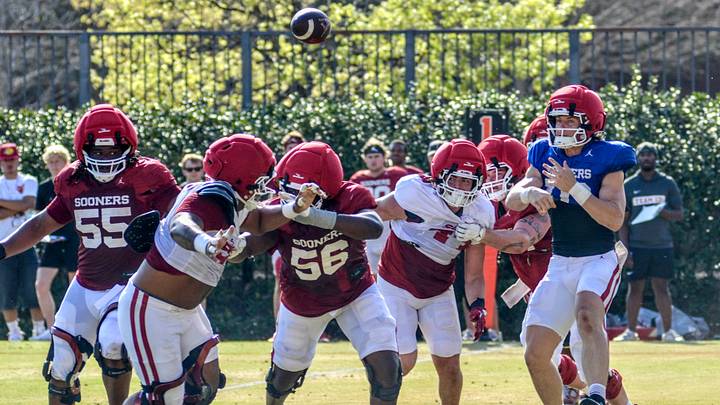 Oklahoma quarterback John Mateer throws during practice.