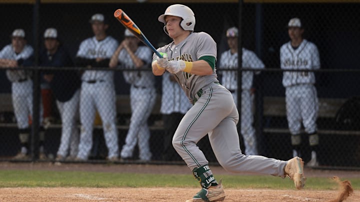 Apr 24, 2024; Succasunna, NJ, USA; Morris Knolls baseball at Roxbury. MK #10 Luke Dickerson. Apr 24, 2024; Succasunna, NJ, USA; Morris Knolls baseball at Roxbury. MK #10 Luke Dickerson.