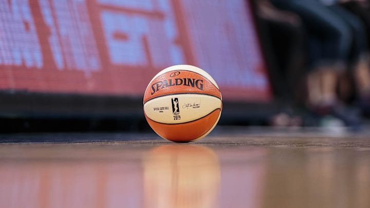Oct 11, 2016; Minneapolis, MN, USA; A WNBA basketball sits on the floor in a game between the Minnesota Lynx and Los Angeles Sparks in game two of the WNBA Finals. at Target Center. The Minnesota Lynx beat the Los Angeles Sparks 79-60. Mandatory Credit: Brad Rempel-Imagn Images