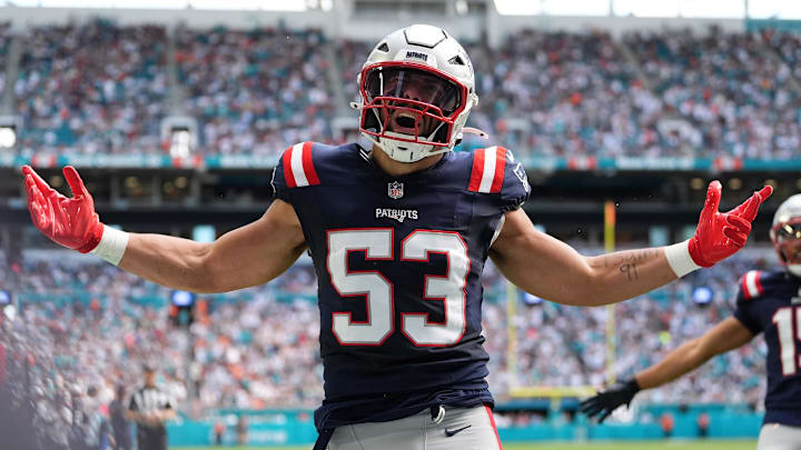 Nov 24, 2024; Miami Gardens, Florida, USA; New England Patriots linebacker Christian Elliss (53) reacts after breaking up a pass for Miami Dolphins running back De'Von Achane (not pictured) during the first half at Hard Rock Stadium. Mandatory Credit: Jasen Vinlove-Imagn Images Nov 24, 2024; Miami Gardens, Florida, USA; New England Patriots linebacker Christian Elliss (53) reacts after breaking up a pass for Miami Dolphins running back De'Von Achane (not pictured) during the first half at Hard Rock Stadium. Mandatory Credit: Jasen Vinlove-Imagn Images