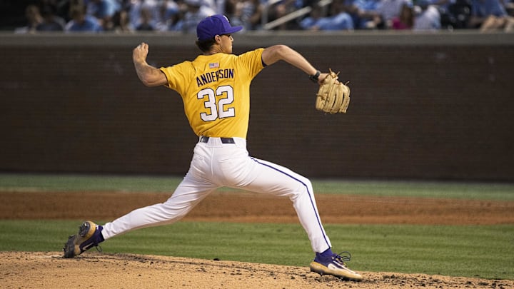 Jun 2, 2024; Chapel Hill, NC, USA; Louisiana State Tigers Kade Anderson (32) pitches against the North Carolina Tar Heels in the eighth inning of the Div. I NCAA baseball regional at Boshamer Stadium.  Mandatory Credit: Jeffrey Camarati-Imagn Images
