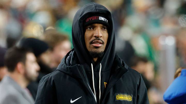Washington Commanders quarterback Jayden Daniels (5) looks on from the sidelines during the final minutes of the second half against the Philadelphia Eagles at Northwest Stadium. Mandatory Credit: Amber Searls-Imagn Images Washington Commanders quarterback Jayden Daniels (5) looks on from the sidelines during the final minutes of the second half against the Philadelphia Eagles at Northwest Stadium. Mandatory Credit: Amber Searls-Imagn Images