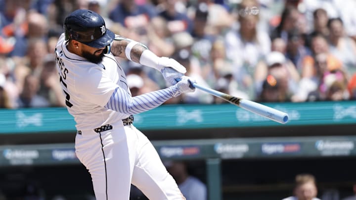 Jun 15, 2025; Detroit, Michigan, USA; Detroit Tigers second baseman Gleyber Torres (25) hits a double in the third inning against the Cincinnati Reds at Comerica Park. Jun 15, 2025; Detroit, Michigan, USA; Detroit Tigers second baseman Gleyber Torres (25) hits a double in the third inning against the Cincinnati Reds at Comerica Park.