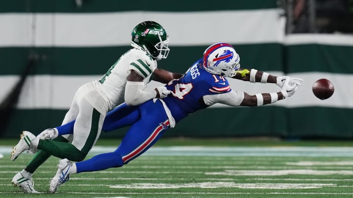 Buffalo Bills wide receiver Stefon Diggs (14) cannot complete the pass with pressure from New York Jets cornerback D.J. Reed (4) in the second half. The Jets defeat the Bills in overtime, 22-16, in the home opener at MetLife Stadium on Monday, Sept. 11, 2023, in East Rutherford. Buffalo Bills wide receiver Stefon Diggs (14) cannot complete the pass with pressure from New York Jets cornerback D.J. Reed (4) in the second half. The Jets defeat the Bills in overtime, 22-16, in the home opener at MetLife Stadium on Monday, Sept. 11, 2023, in East Rutherford.