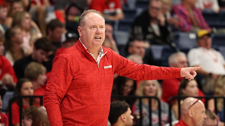 Nov 27, 2025; San Diego, CA, USA; Wisconsin Badgers head coach Greg Gard reacts against the Providence Friars during the first half  at Jenny Craig Pavilion. Mandatory Credit: Abe Arredondo-Imagn Images