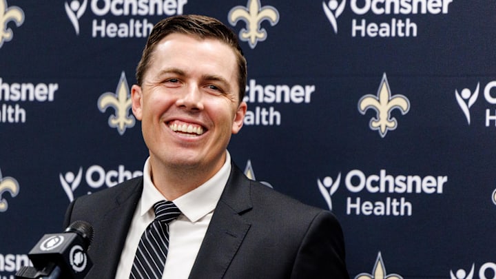 Feb 13, 2025; New Orleans, LA, USA;  New Orleans Saints introduce Kellen Moore as the head coach and he addresses the media at Ochsner Sports Performance Center. Mandatory Credit: Stephen Lew-Imagn Images