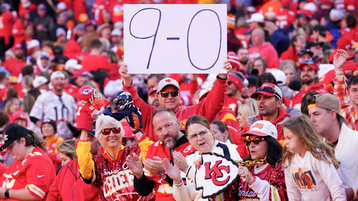 Nov 10, 2024; Kansas City, Missouri, USA; Kansas City Chiefs fans show support after the win over the Denver Broncos at GEHA Field at Arrowhead Stadium. Mandatory Credit: Denny Medley-Imagn Images