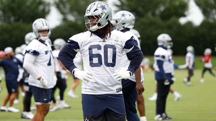 Dallas Cowboys LT Tyler Guyton goes through a drill during practice at the Ford Center at the Star Training Facility.