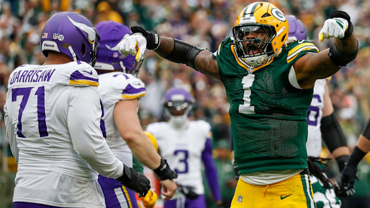 Green Bay Packers defensive end Micah Parsons (1) celebrates after sacking Minnesota Vikings quarterback J.J. McCarthy (9) on Sunday, November 23, 2025, at Lambeau Field in Green Bay, Wis. The Packers won the game, 23-6. Green Bay Packers defensive end Micah Parsons (1) celebrates after sacking Minnesota Vikings quarterback J.J. McCarthy (9) on Sunday, November 23, 2025, at Lambeau Field in Green Bay, Wis. The Packers won the game, 23-6.