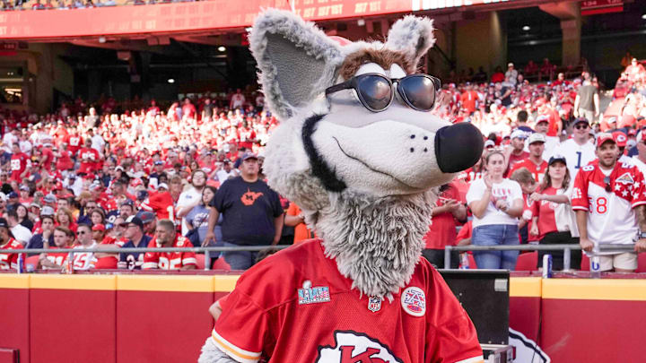Sep 24, 2023; Kansas City, Missouri, USA; The Kansas City Chiefs mascot KC Wolf performs against the Chicago Bears during the game at GEHA Field at Arrowhead Stadium. Mandatory Credit: Denny Medley-Imagn Images
