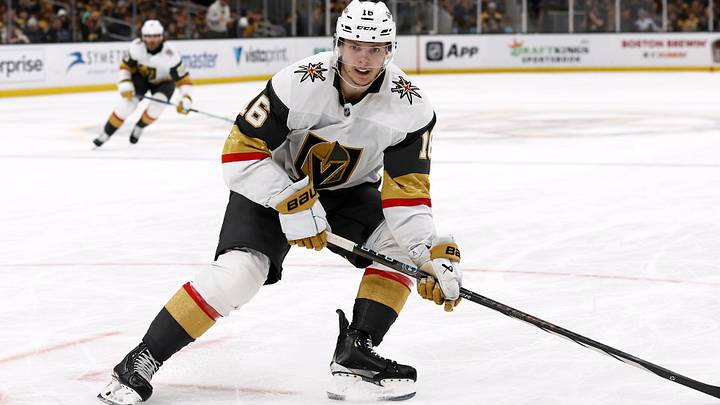 Feb 8, 2025; Boston, Massachusetts, USA; Vegas Golden Knights left wing Pavel Dorofeyev (16) against the Boston Bruins during the second period at TD Garden. Mandatory Credit: Winslow Townson-Imagn Images