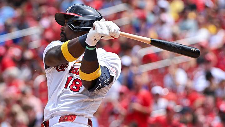 Jun 7, 2026; St. Louis, Missouri, USA; St. Louis Cardinals right fielder Jordan Walker (18) hits a one run double against the Cincinnati Reds during the fifth inning at Busch Stadium. Mandatory Credit: Jeff Curry-Imagn Images