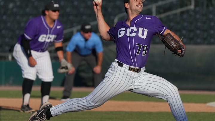 GCU Lopes' Brodie Cooper-Vassalakis (79) pitches
