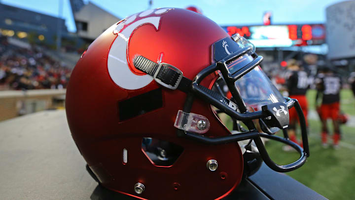 Nov 5, 2016; Cincinnati, OH, USA; A view of the official helmet worn by the Cincinnati Bearcats showcasing military appreciation at Nippert Stadium. Brigham Young won 20-3. Mandatory Credit: Aaron Doster-Imagn Images Nov 5, 2016; Cincinnati, OH, USA; A view of the official helmet worn by the Cincinnati Bearcats showcasing military appreciation at Nippert Stadium. Brigham Young won 20-3. Mandatory Credit: Aaron Doster-Imagn Images