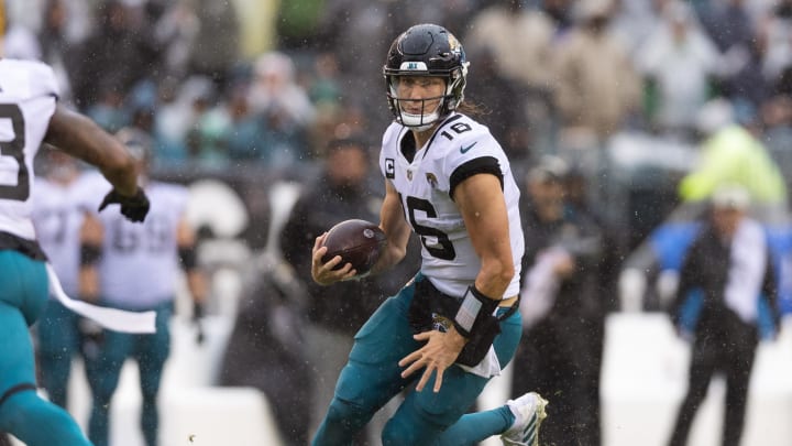 Oct 2, 2022; Philadelphia, Pennsylvania, USA; Jacksonville Jaguars quarterback Trevor Lawrence (16) in action against the Philadelphia Eagles at Lincoln Financial Field. Mandatory Credit: Bill Streicher-USA TODAY Sports