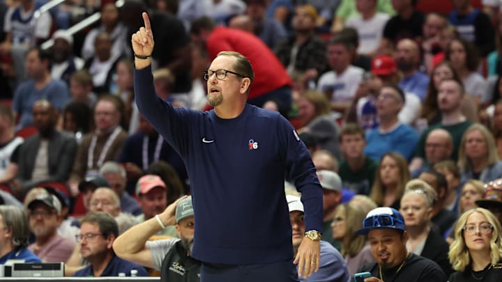 Oct 11, 2024; Des Moines, Iowa, USA;  Philadelphia 76ers Head Coach Nick Nurse watches his team play the Minnesota Timberwolves at Wells Fargo Arena. Mandatory Credit: Reese Strickland-Imagn Images