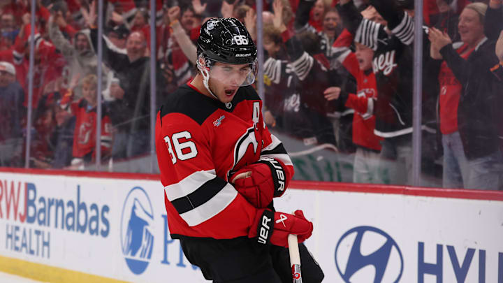 Oct 24, 2025; Newark, New Jersey, USA; New Jersey Devils center Jack Hughes (86) celebrates his game winning goal against the Colorado Avalanche in overtime at Prudential Center. Mandatory Credit: Ed Mulholland-Imagn Images Oct 24, 2025; Newark, New Jersey, USA; New Jersey Devils center Jack Hughes (86) celebrates his game winning goal against the Colorado Avalanche in overtime at Prudential Center. Mandatory Credit: Ed Mulholland-Imagn Images
