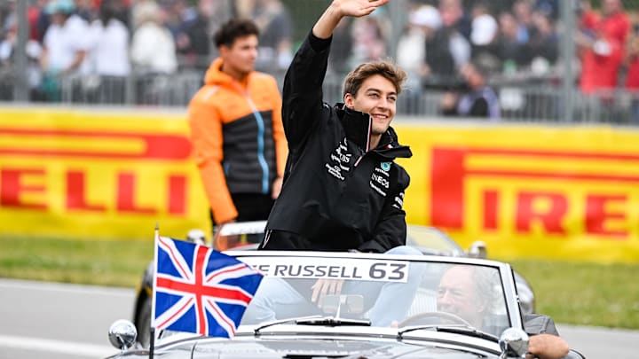 Jun 18, 2023; Montreal, Quebec, CAN; Mercedes driver George Russell (GBR) parades and salutes the
