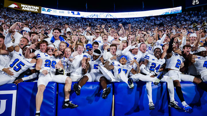 BYU players celebrate with the ROC after win over no. 13 Kansas State