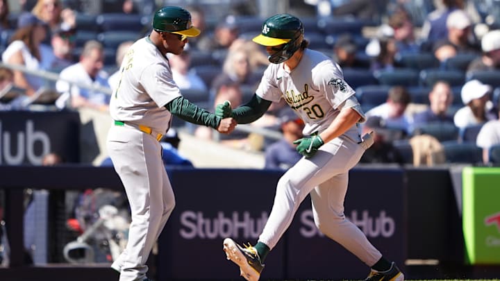 Apr 22, 2024; Bronx, New York, USA; Oakland Athletics second baseman Zack Gelof (20) celebrates with