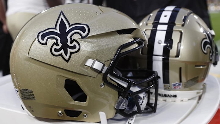 Aug 19, 2022; Green Bay, Wisconsin, USA;  New Orleans Saints helmets during the game against the Green Bay Packers at Lambeau Field. Mandatory Credit: Jeff Hanisch-Imagn Images