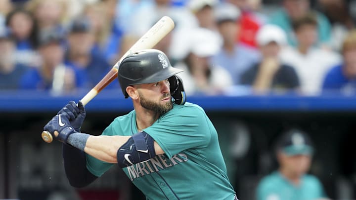 Seattle Mariners right fielder Mitch Haniger (17) bats during the first inning against the Kansas City Royals at Kauffman Stadium in 2024. Seattle Mariners right fielder Mitch Haniger (17) bats during the first inning against the Kansas City Royals at Kauffman Stadium in 2024.