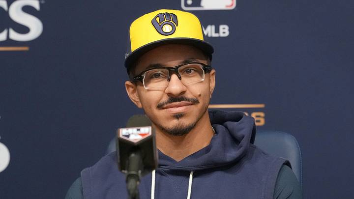 Oct 14, 2026; Los Angeles, California, USA; Milwaukee Brewers third baseman David Hamilton at press conference prior to game three of the NLCS for the 2026 MLB Playoffs at Uniqlo Field at Dodger Stadium. Mandatory Credit: Kirby Lee-Imagn Images Oct 14, 2026; Los Angeles, California, USA; Milwaukee Brewers third baseman David Hamilton at press conference prior to game three of the NLCS for the 2026 MLB Playoffs at Uniqlo Field at Dodger Stadium. Mandatory Credit: Kirby Lee-Imagn Images