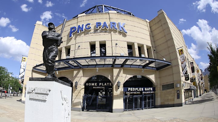 Jul 28, 2020; Pittsburgh, Pennsylvania, USA;  General view of the Honus Wagner statue and the exterior of the main gate at PNC Park before the Pittsburgh Pirates host the Milwaukee Brewers.The Pirates won  8-6. Mandatory Credit: Charles LeClaire-Imagn Images