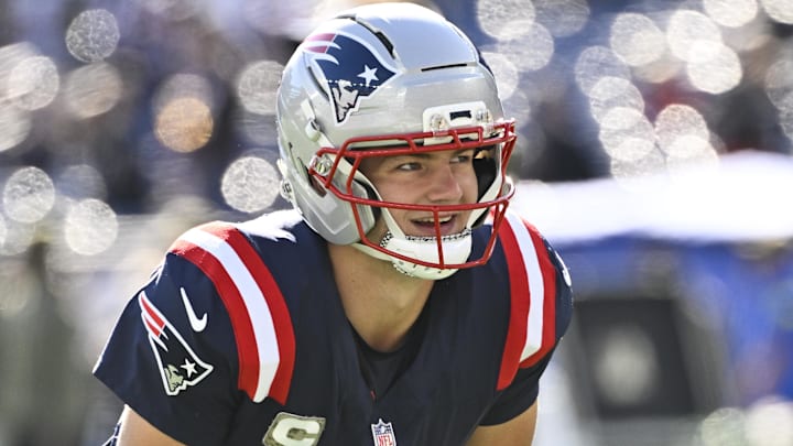 Nov 2, 2025; Foxborough, Massachusetts, USA;  New England Patriots quarterback Drake Maye (10) warms up prior to the game against the Atlanta Falcons at Gillette Stadium.