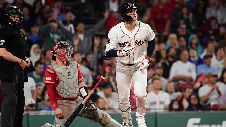 Sep 9, 2026; Boston, Massachusetts, USA;  Boston Red Sox designated hitter Roman Anthony (19) hits a two run home run during the fifth inning against the Los Angeles Angels at Fenway Park. Mandatory Credit: Bob DeChiara-Imagn Images