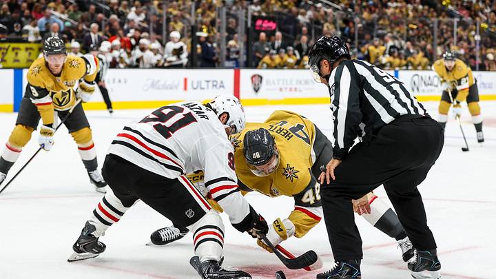 Sep 29, 2026; Las Vegas, Nevada, USA;  Chicago Blackhawks center Frank Nazar (91) and Vegas Golden Knights center Tomas Hertl (48) face off during the first period at T-Mobile Arena.  Mandatory Credit: Christopher Trim-Imagn Images