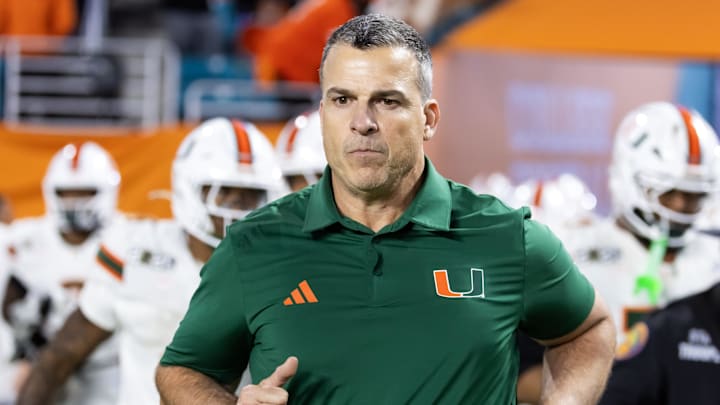 Jan 19, 2026; Miami Gardens, FL, USA; Miami Hurricanes head coach Mario Cristobal against the Indiana Hoosiers during the College Football Playoff National Championship game at Hard Rock Stadium. Mandatory Credit: Mark J. Rebilas-Imagn Images