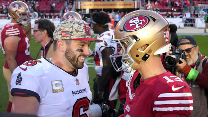 Tampa Bay Buccaneers quarterback Baker Mayfield and San Francisco 49ers quarterback Brock Purdy talks after the game.